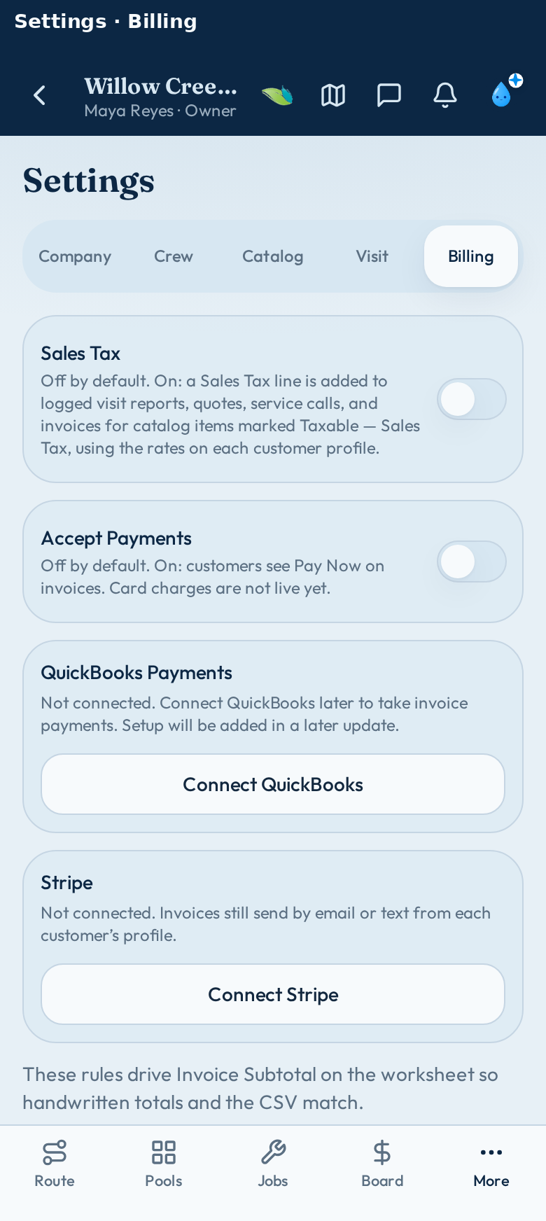 ClearStop billing settings — sales tax, QuickBooks, and Stripe