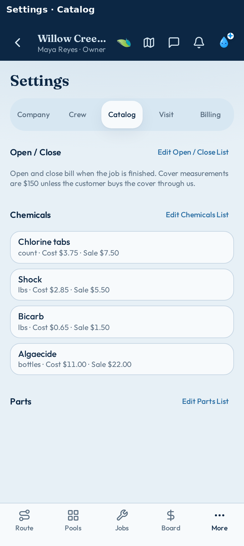 ClearStop catalog — chemical cost and sale prices